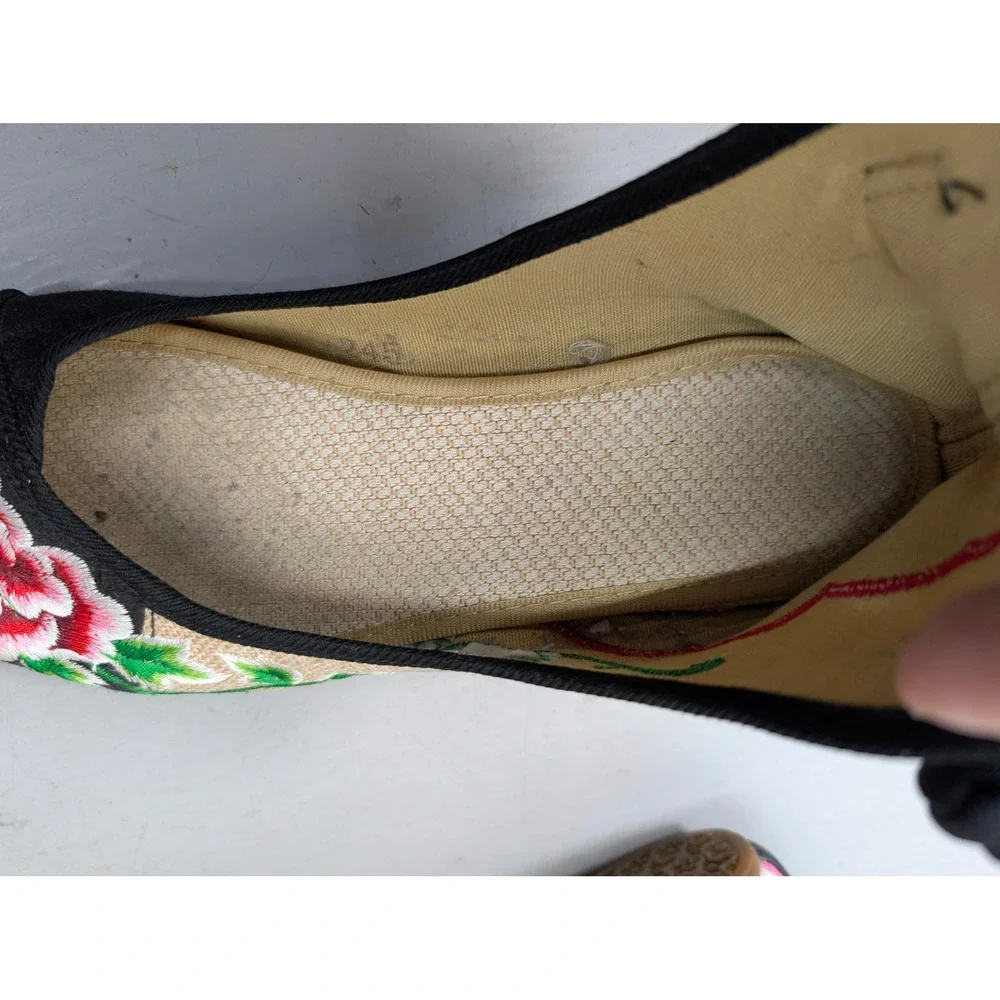 Traditional Chinese Floral Embroidered Double Ankle Wrap Ballet Shoes Size 39